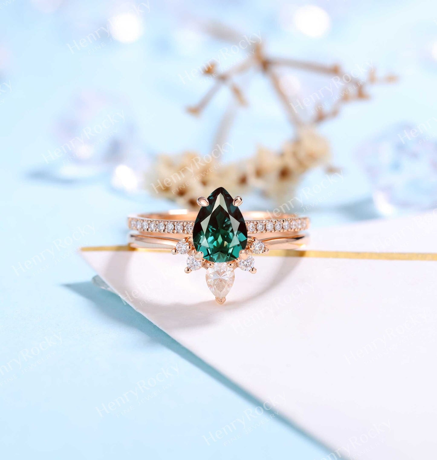 Pear Cut Alexandrite Engagement Ring Rose Gold Women | Antique Half Eternity Bridal Set | Unique Wedding Set | Anniversary Gift for her