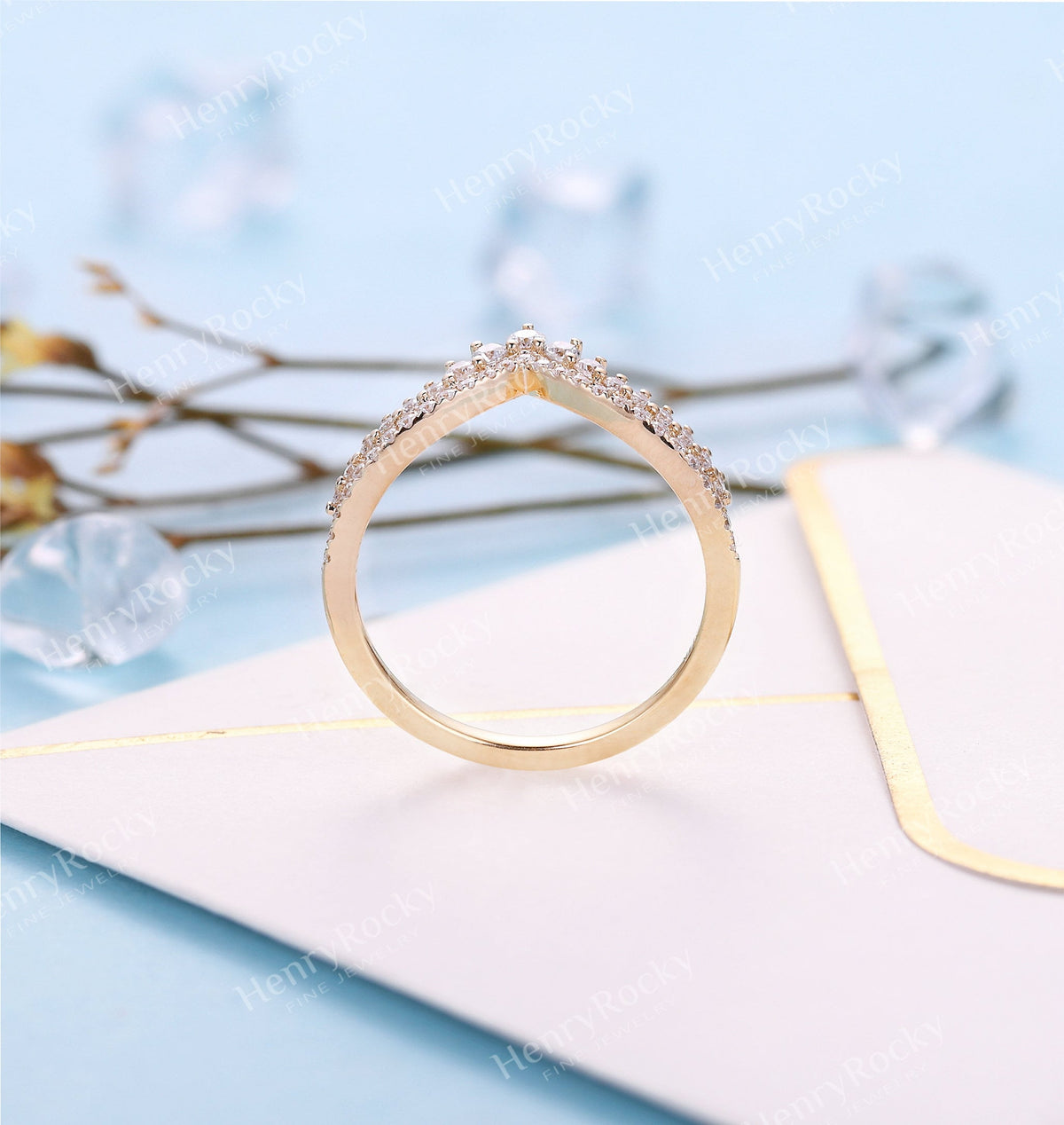 Art deco Moissanite wedding band | Vintage Yellow gold Diamond band | Unique Half eternity Curved wedding ring | Promise anniversary band