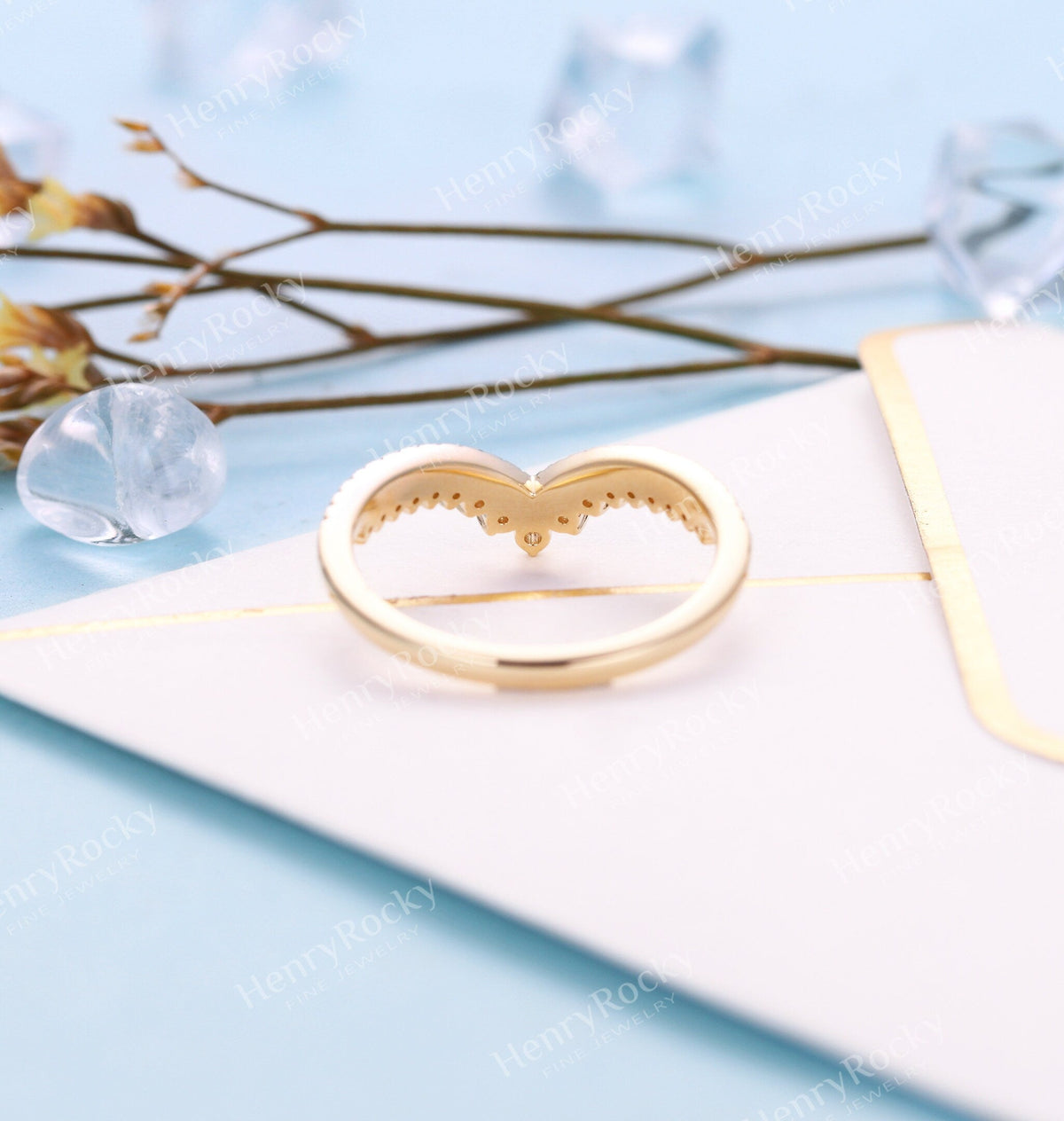 Art deco Moissanite wedding band | Vintage Yellow gold Diamond band | Unique Half eternity Curved wedding ring | Promise anniversary band