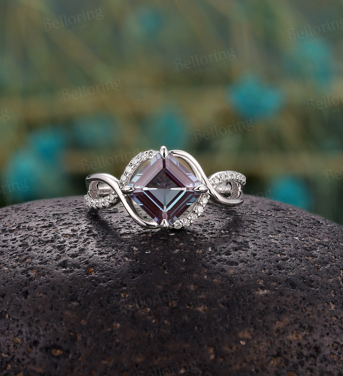Asscher cut Alexandrite engagement ring, Vintage diamond/Moissanite white gold Unique wedding ring, Art deco twisted band Anniversary ring
