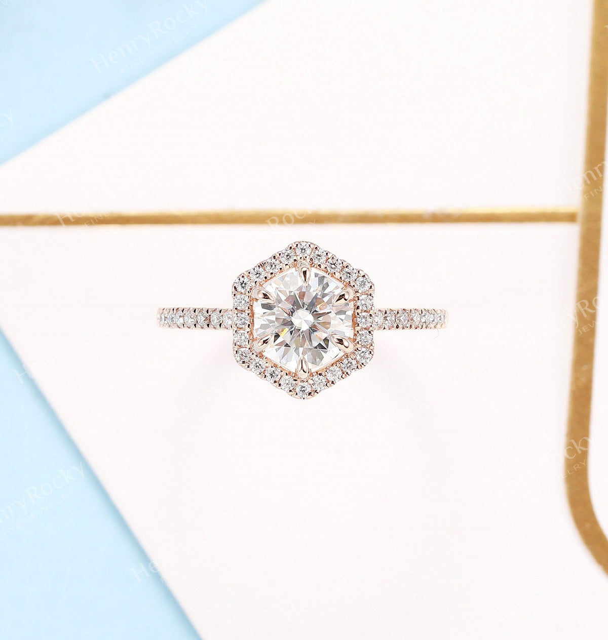 Art deco Moissanite Engagement women Ring | Unique Halo Round shaped Bridal ring | Antique Rose gold wedding ring | Anniversary Promise ring