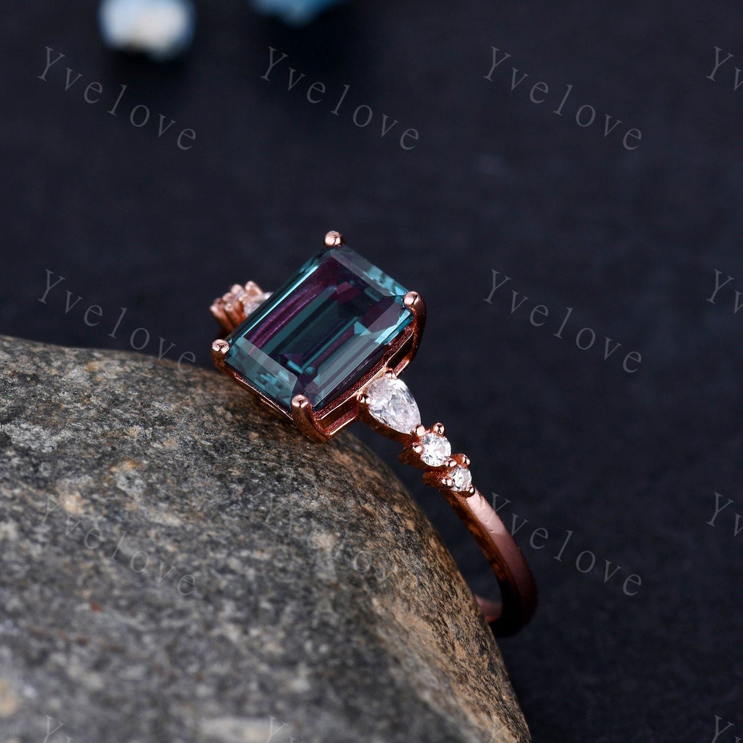 6x8mm  Emerald Cut Alexandrite Engagement Ring 14K Rose Gold Moissanite/Diamond Wedding Band Art Deco  Special Bridal Ring Jewelry Gift