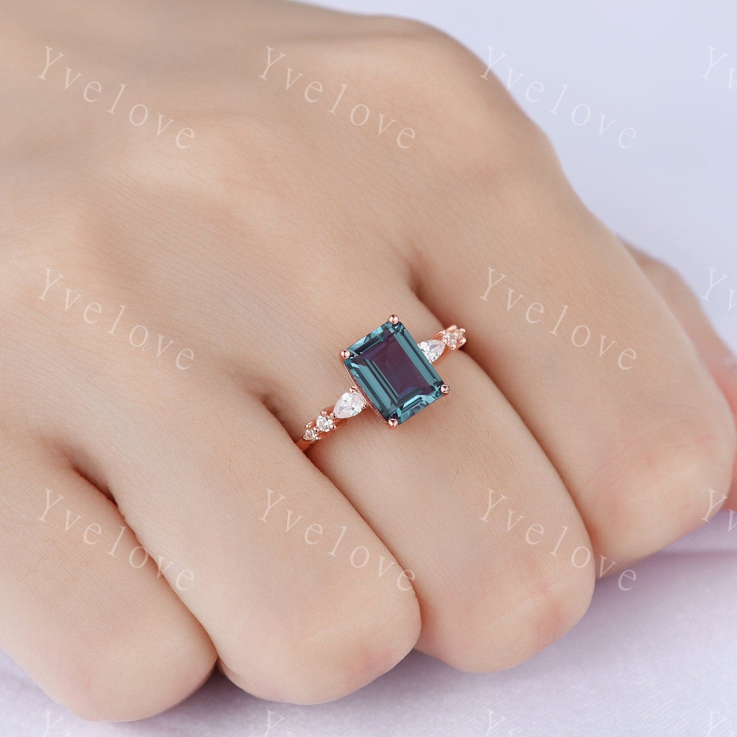 6x8mm  Emerald Cut Alexandrite Engagement Ring 14K Rose Gold Moissanite/Diamond Wedding Band Art Deco  Special Bridal Ring Jewelry Gift