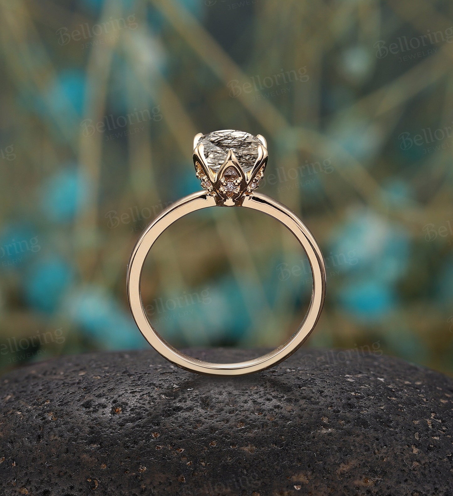 Black Rutilated Quartz engagement ring vintage prong set unique yellow gold ring diamond art deco Wedding solitaire anniversary wedding ring