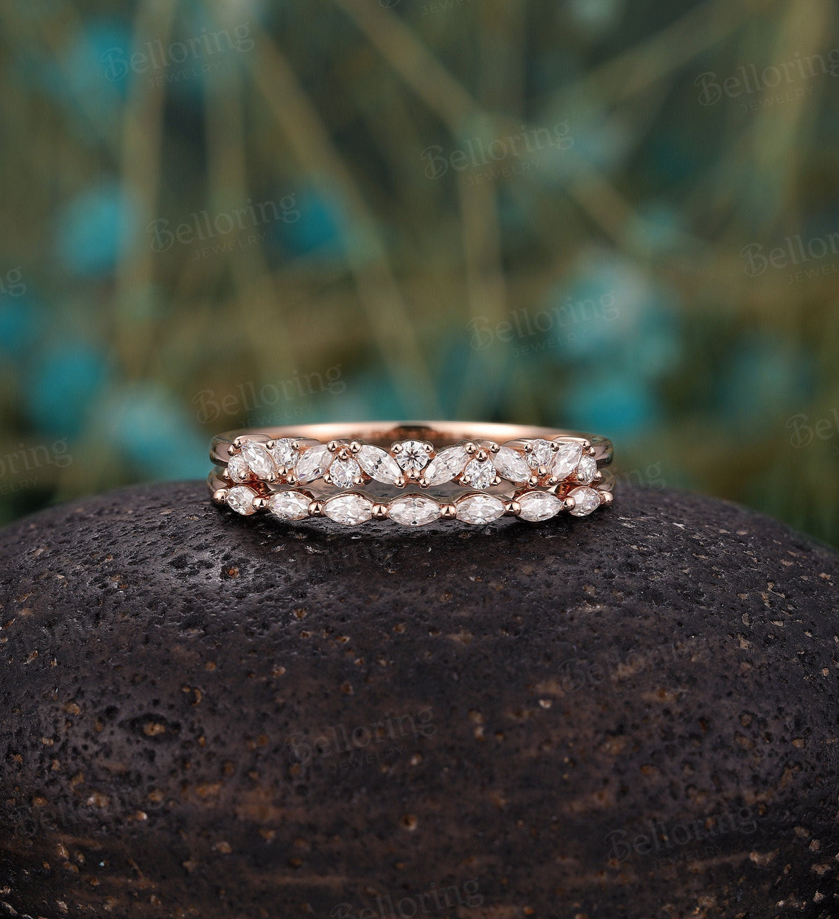 Marquise cut Moissanite wedding band set vintage rose gold  dainty  antique unique bridal set Promise Matching band wedding ring