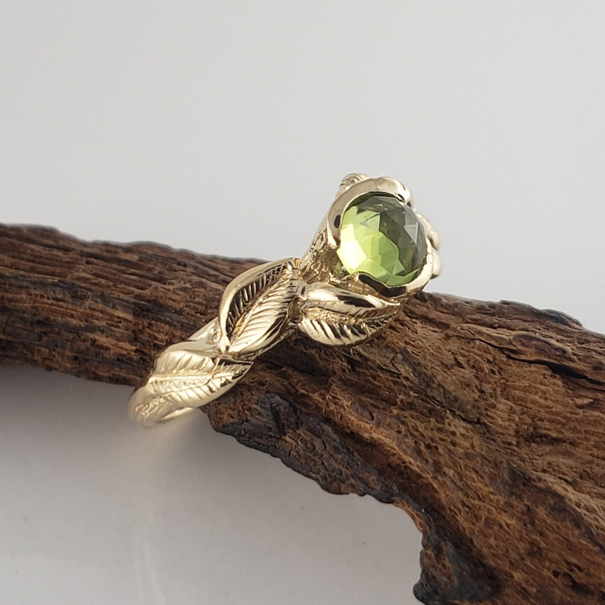 Rose Cut Peridot Gemstone Ring with Leaves in Solid Gold