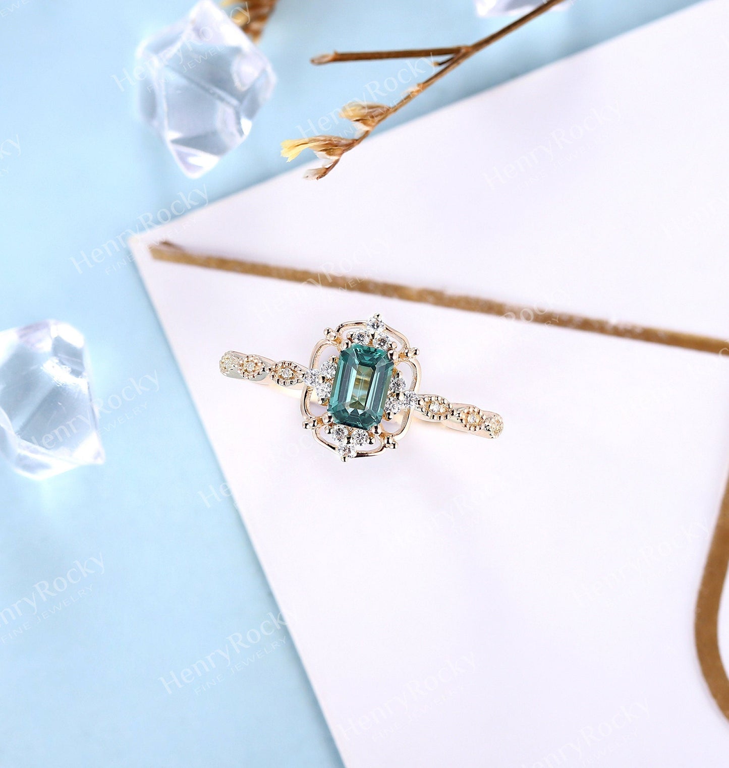 Emerald Engagement Ring Yellow Gold Ring | Vintage Emerald Cut Wedding Ring | Art deco Milgrain Moissanite Bridal Ring | Unique Promise ring