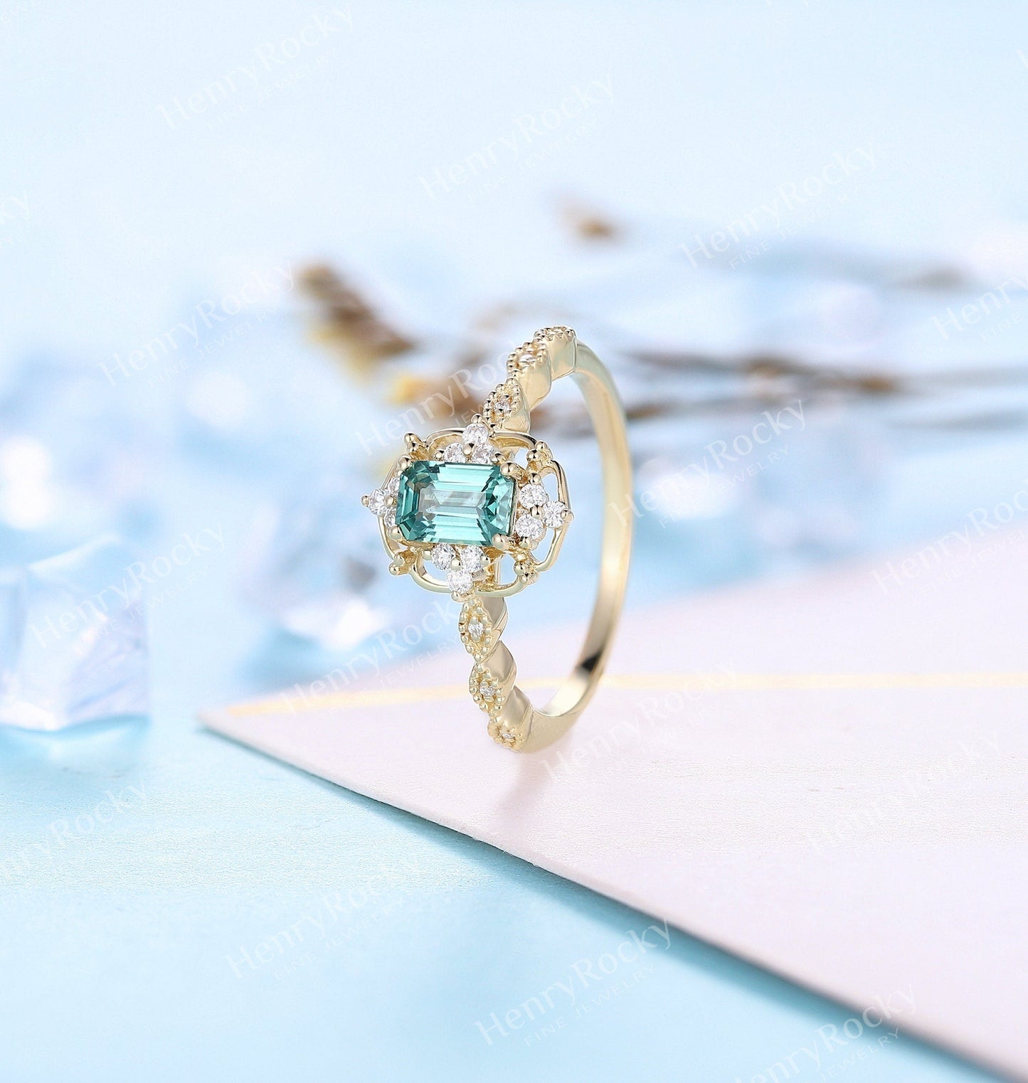 Emerald Engagement Ring Yellow Gold Ring | Vintage Emerald Cut Wedding Ring | Art deco Milgrain Moissanite Bridal Ring | Unique Promise ring
