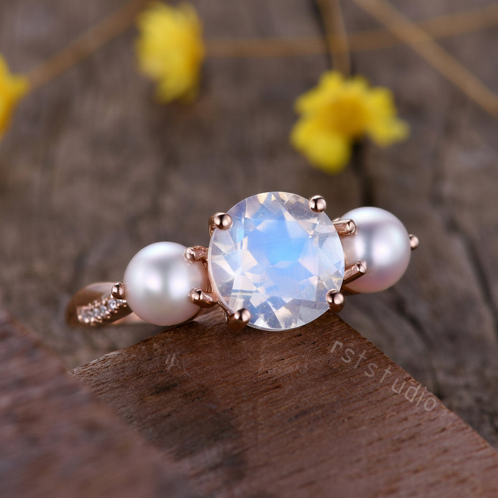 Vintage Art Deco Moonstone Pearl Ring, Rose Gold Promise Ring