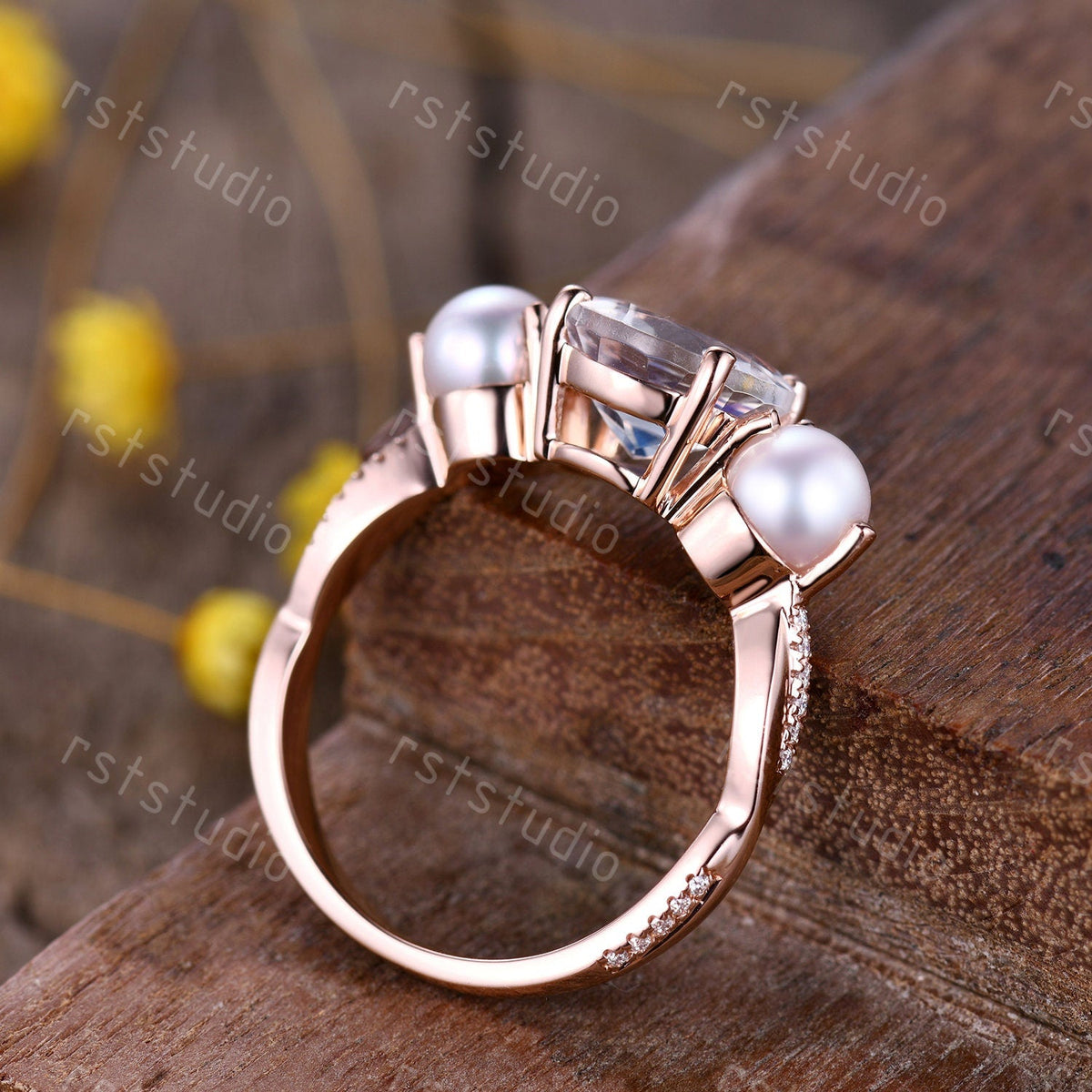 Vintage Art Deco Moonstone Pearl Ring, Rose Gold Promise Ring