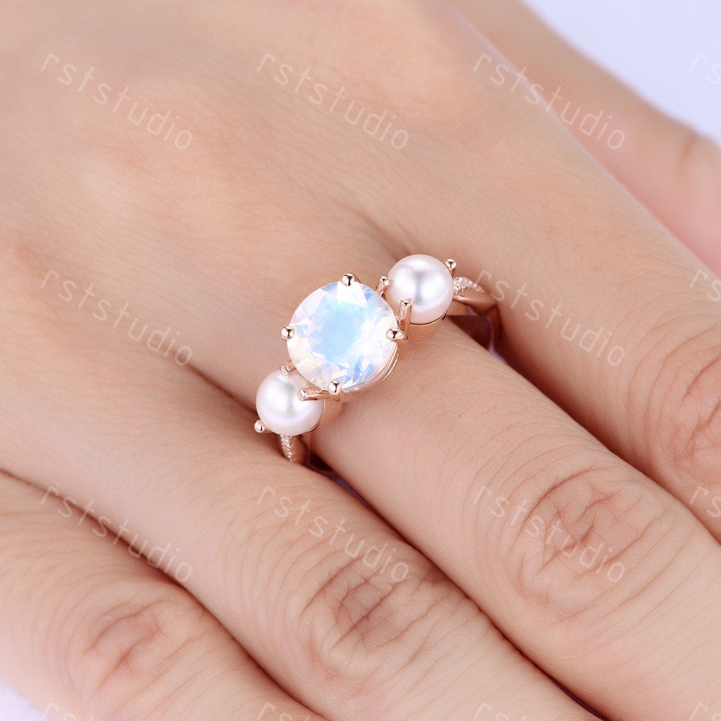 Vintage Art Deco Moonstone Pearl Ring, Rose Gold Promise Ring