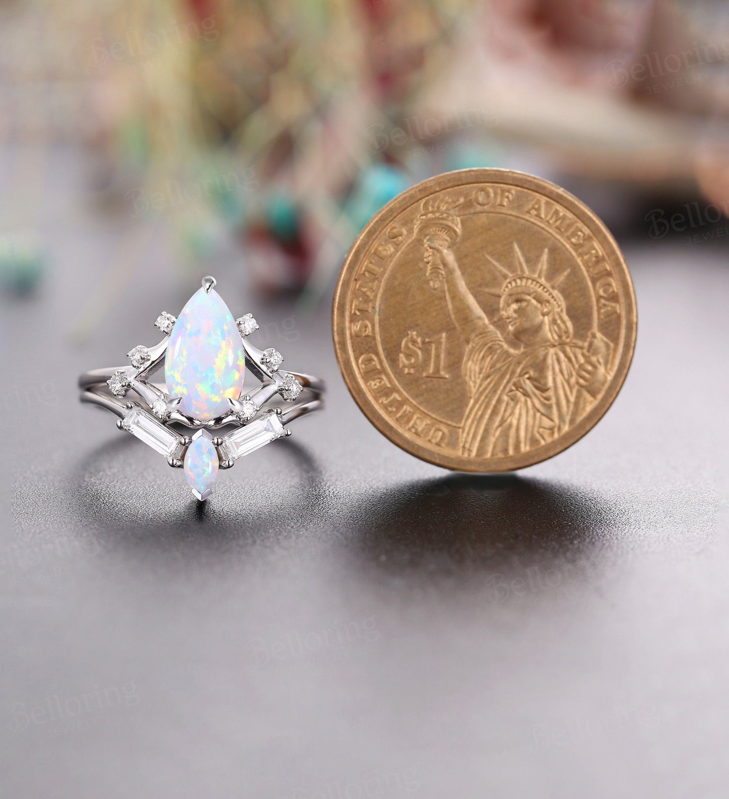 Lab created Opal pear shaped engagement ring set for , Marquise cut opal wedding band,baguette diamond unique wedding set promise ring