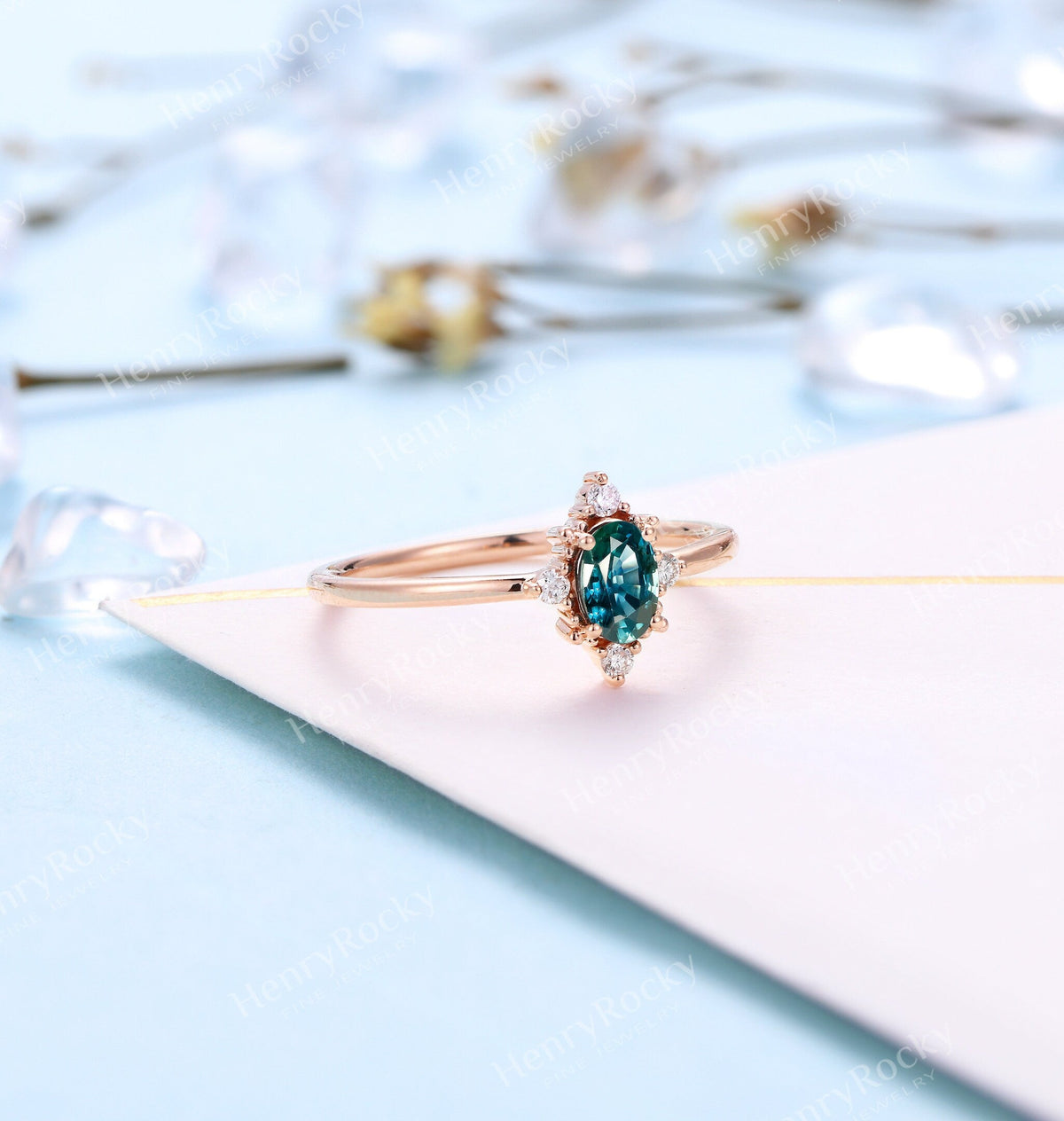 Antique Teal Sapphire Engagement Ring | Vintage Oval cut Rose gold wedding ring | Art deco Diamond Ring |Anniversary Promise Rings for women