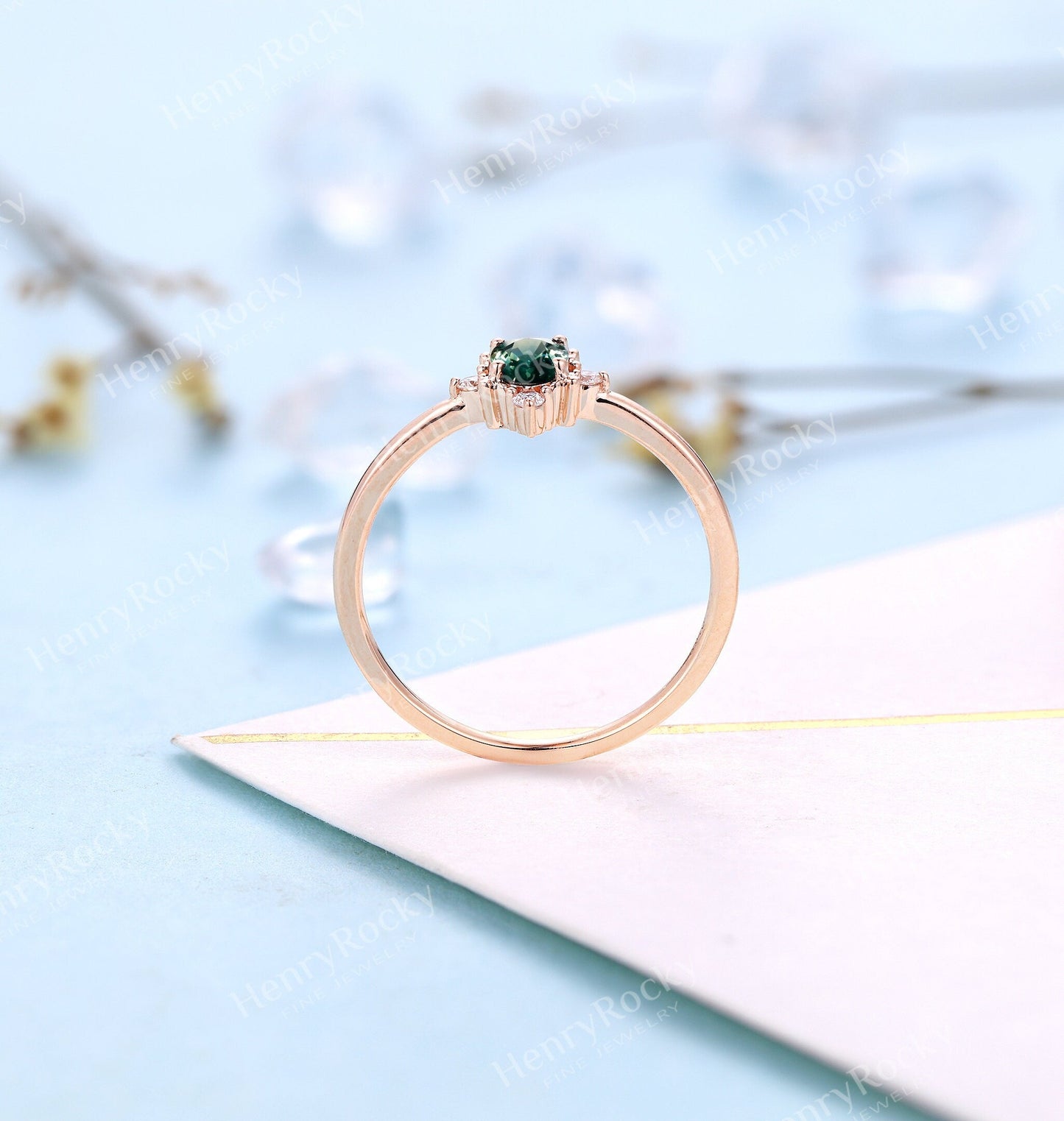 Antique Teal Sapphire Engagement Ring | Vintage Oval cut Rose gold wedding ring | Art deco Diamond Ring |Anniversary Promise Rings for women