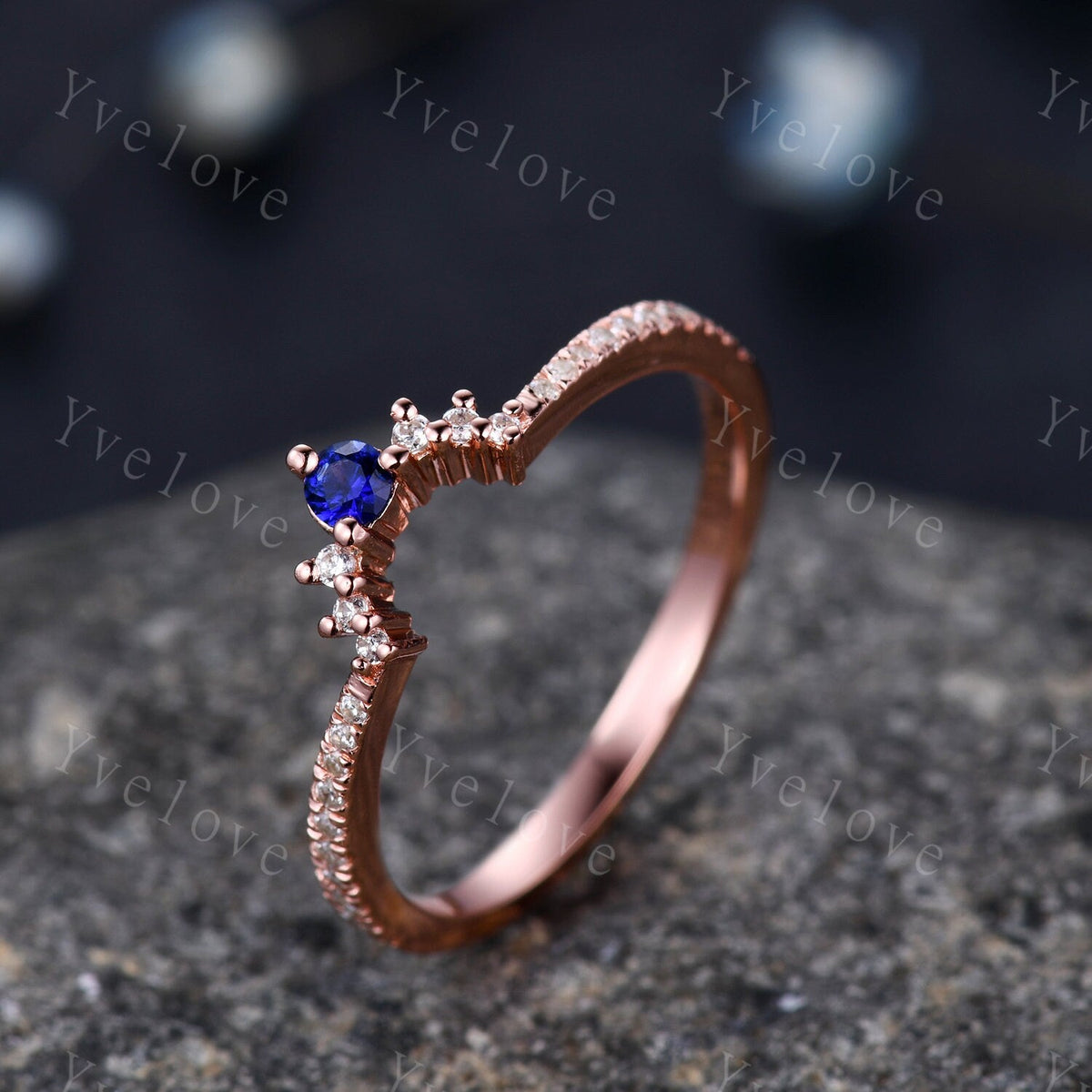 2.5mm Blue Sapphire Diamond Engagement Matching Band Stacking  ring Curved shape Half Eternity diamond Danity wedding band Bridal Ring Set