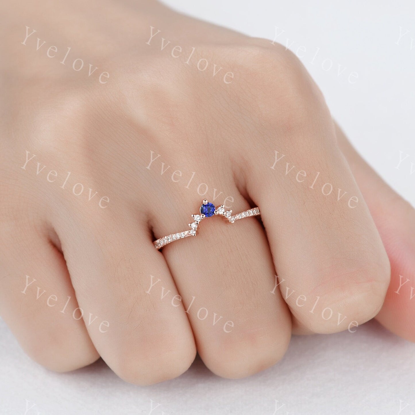 2.5mm Blue Sapphire Diamond Engagement Matching Band Stacking  ring Curved shape Half Eternity diamond Danity wedding band Bridal Ring Set