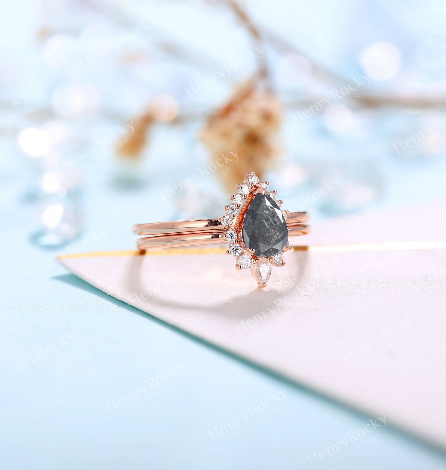 Salt and Pepper Diamond Engagement Ring | Art deco Pear shaped Rose gold wedding ring set |Antique Moissanite Bridal set |Unique Anniversary