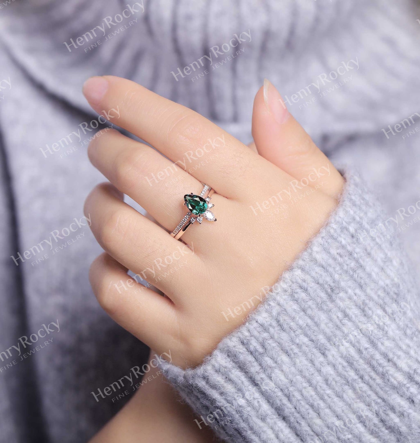Pear Cut Alexandrite Engagement Ring Rose Gold Women | Antique Half Eternity Bridal Set | Unique Wedding Set | Anniversary Gift for her