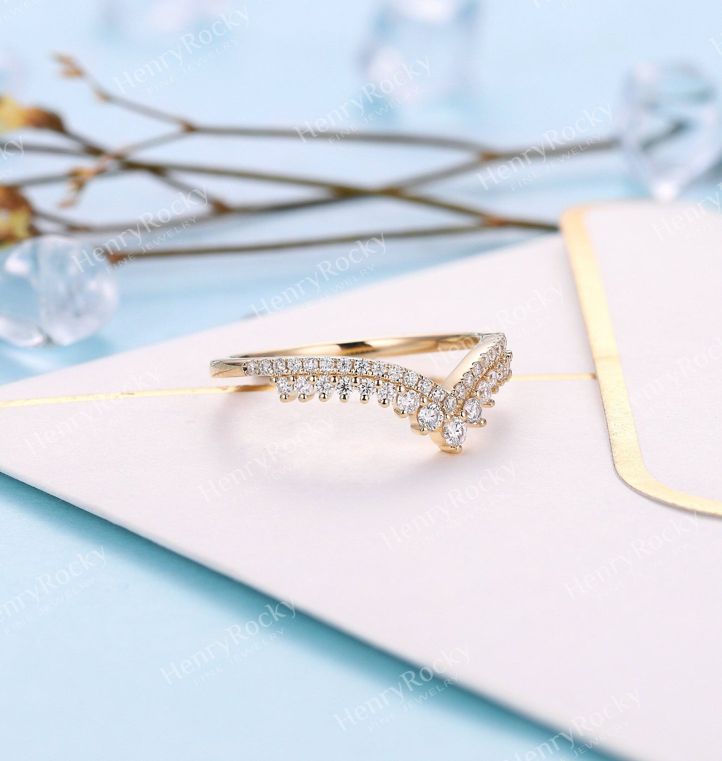 Art deco Moissanite wedding band | Vintage Yellow gold Diamond band | Unique Half eternity Curved wedding ring | Promise anniversary band