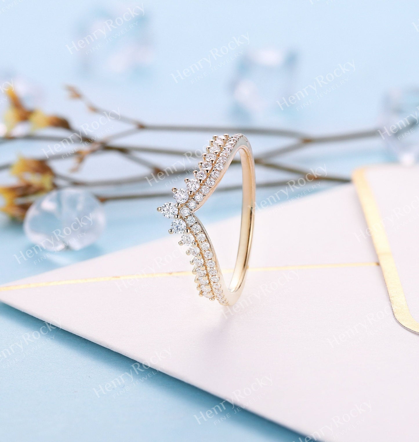 Art deco Moissanite wedding band | Vintage Yellow gold Diamond band | Unique Half eternity Curved wedding ring | Promise anniversary band