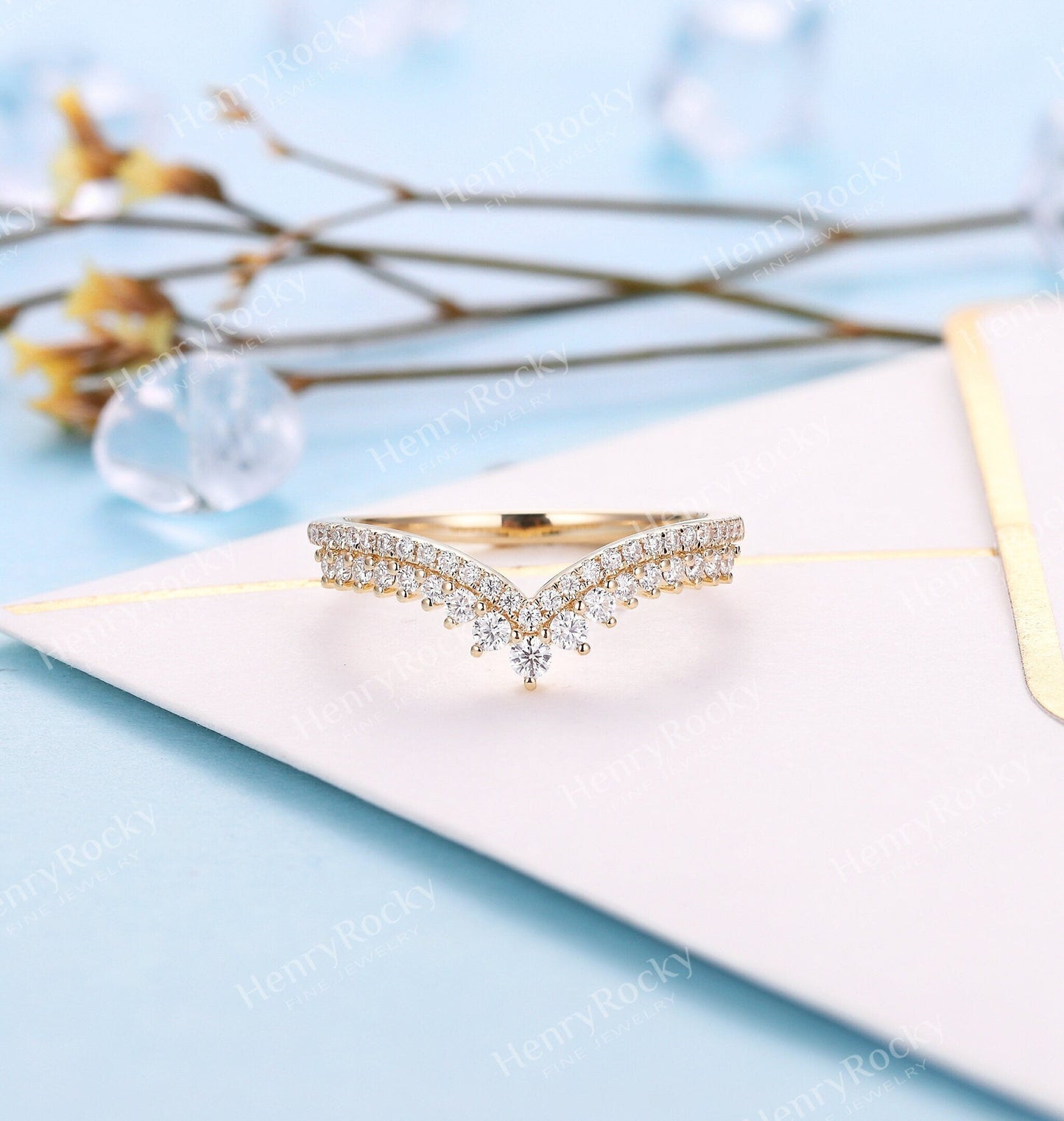 Art deco Moissanite wedding band | Vintage Yellow gold Diamond band | Unique Half eternity Curved wedding ring | Promise anniversary band