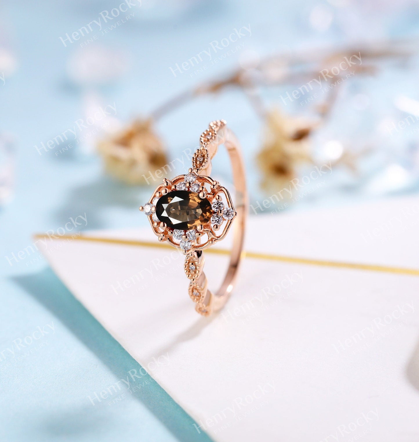 Art deco Smoky Quartz Oval Engagement Ring | Vintage Moissanite Rose gold Bridal Ring | Antique Milgrain wedding ring | Unique Promise ring
