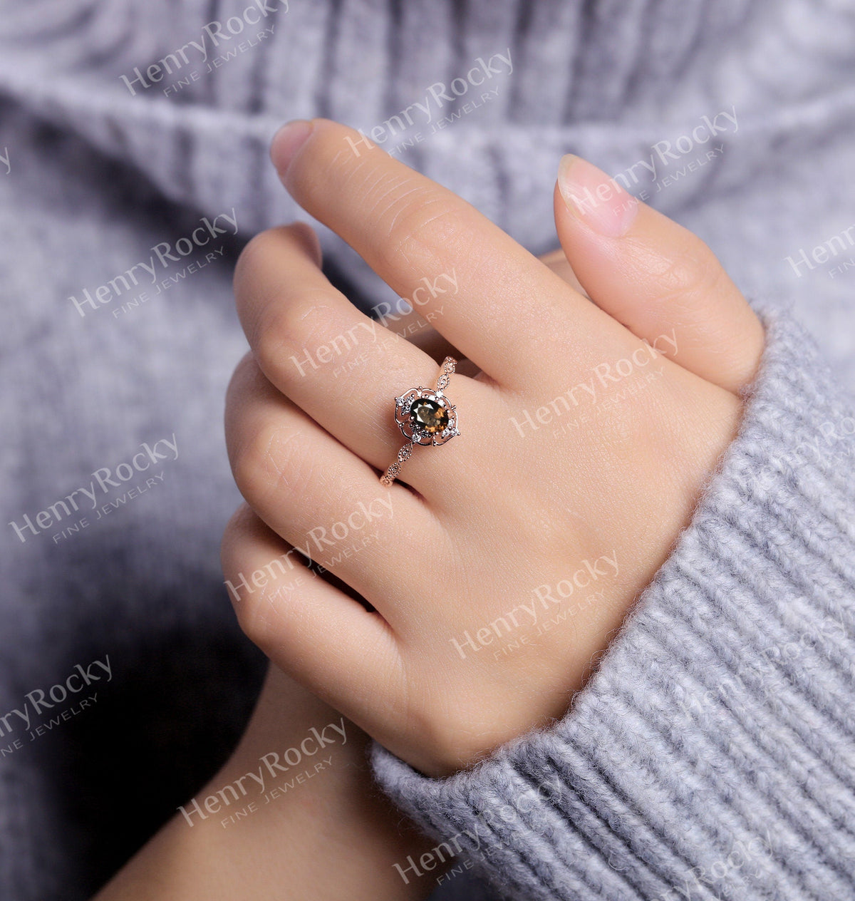 Art deco Smoky Quartz Oval Engagement Ring | Vintage Moissanite Rose gold Bridal Ring | Antique Milgrain wedding ring | Unique Promise ring