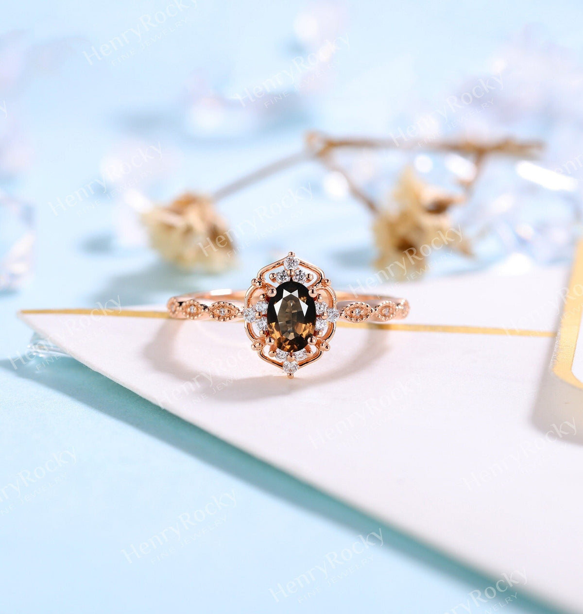 Art deco Smoky Quartz Oval Engagement Ring | Vintage Moissanite Rose gold Bridal Ring | Antique Milgrain wedding ring | Unique Promise ring