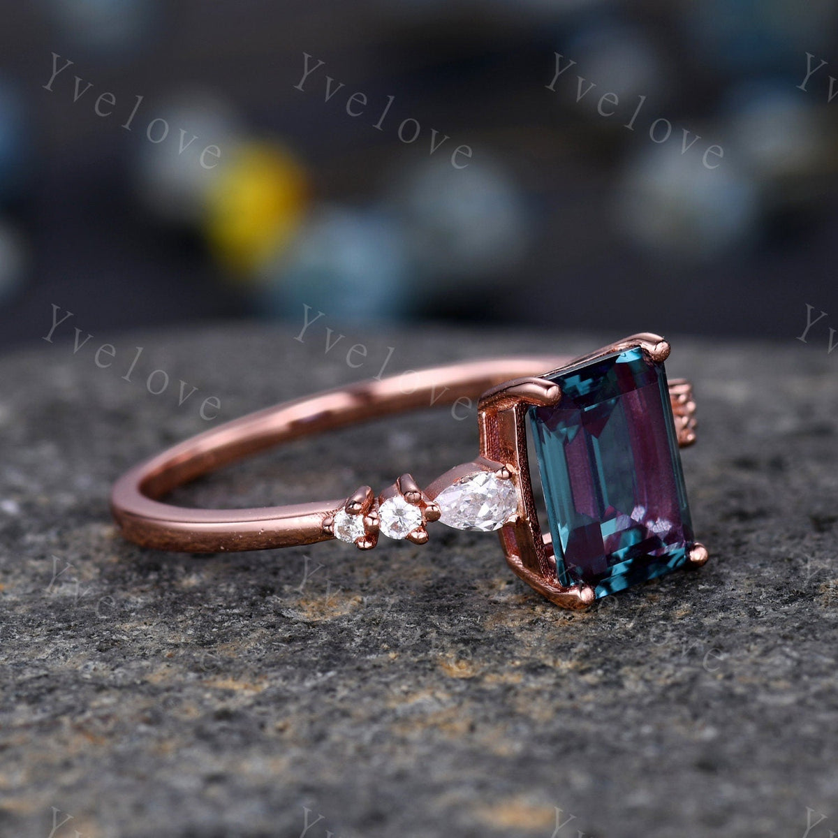 6x8mm  Emerald Cut Alexandrite Engagement Ring 14K Rose Gold Moissanite/Diamond Wedding Band Art Deco  Special Bridal Ring Jewelry Gift