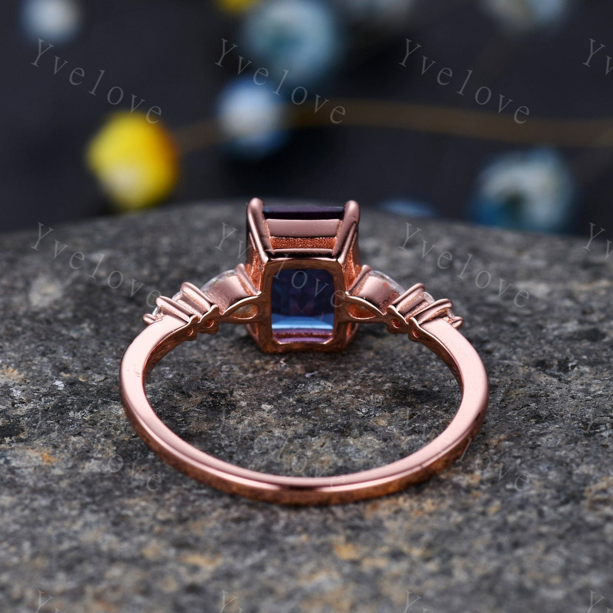 6x8mm  Emerald Cut Alexandrite Engagement Ring 14K Rose Gold Moissanite/Diamond Wedding Band Art Deco  Special Bridal Ring Jewelry Gift