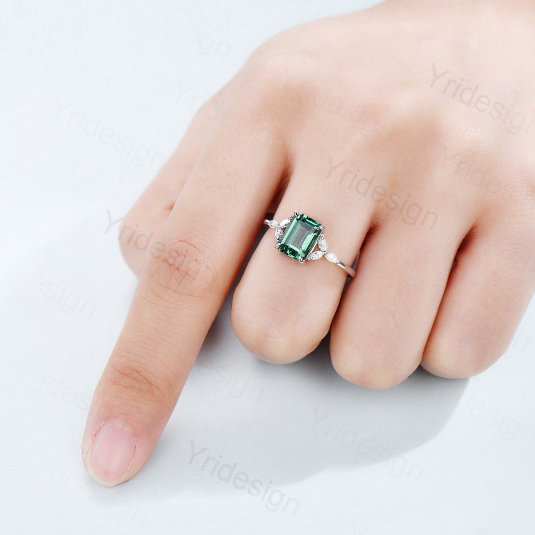 Emerald Cut Green Sapphire Engagement Ring,Vintage Glamour Ring