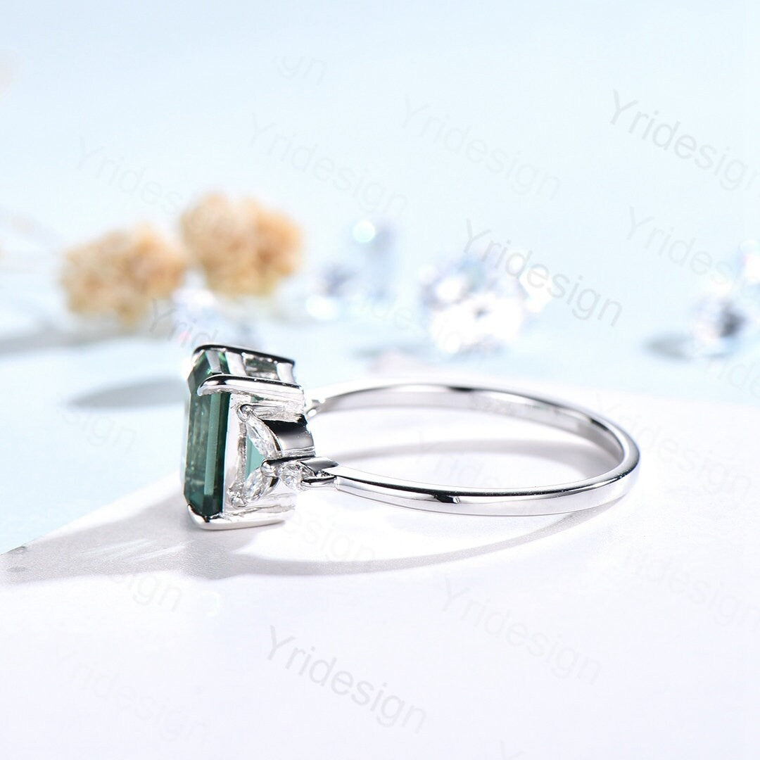 Emerald Cut Green Sapphire Engagement Ring,Vintage Glamour Ring