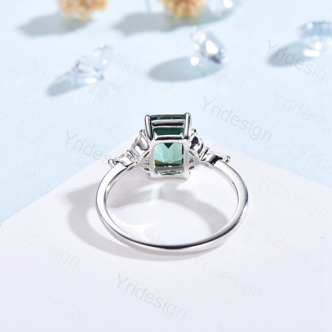 Emerald Cut Green Sapphire Engagement Ring,Vintage Glamour Ring