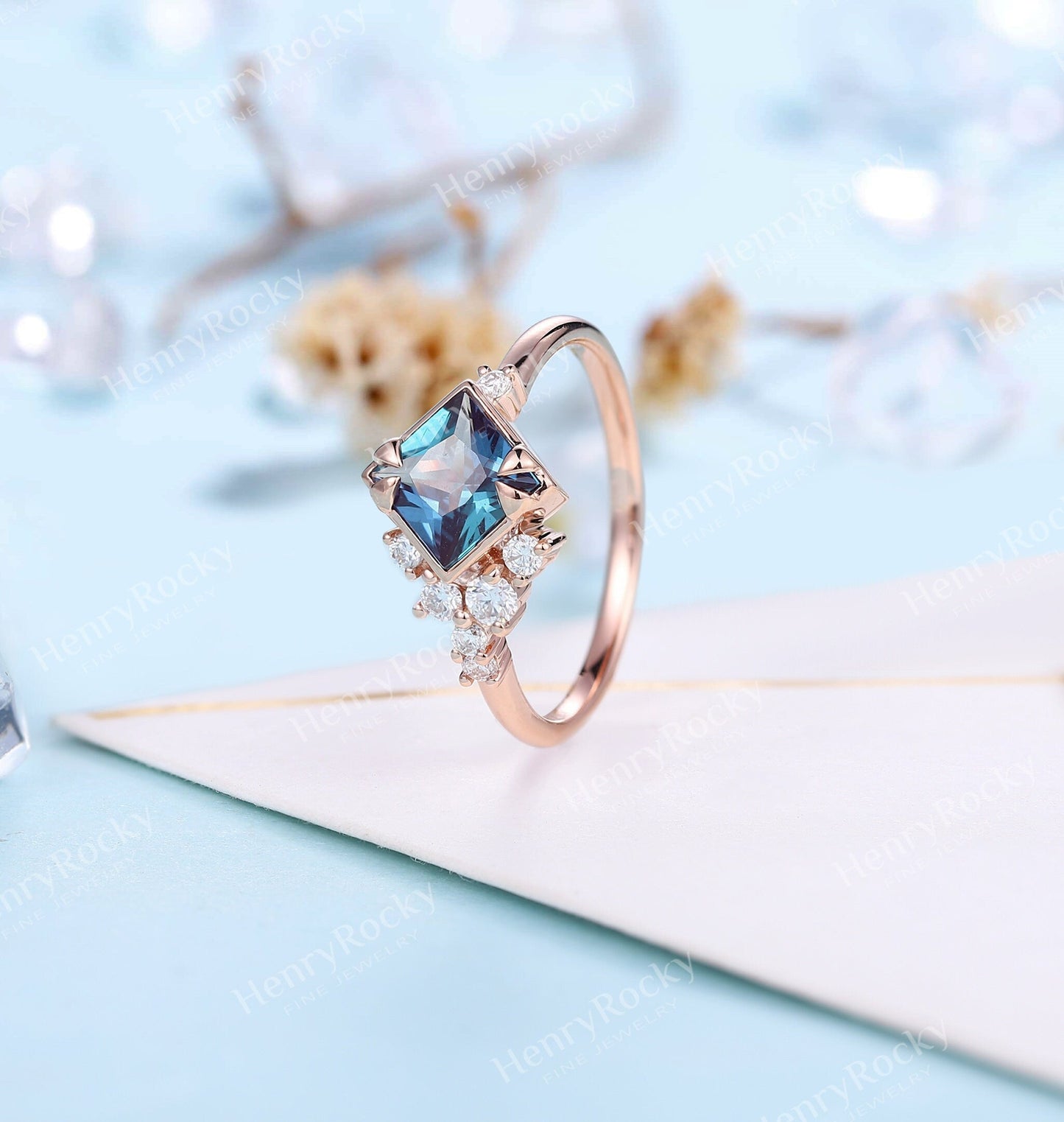 Alexandrite Engagement Ring Rose Gold Ring | Vintage Princess cut Wedding Ring | Art deco Moissanite Bridal Ring | Anniversary Promise Ring