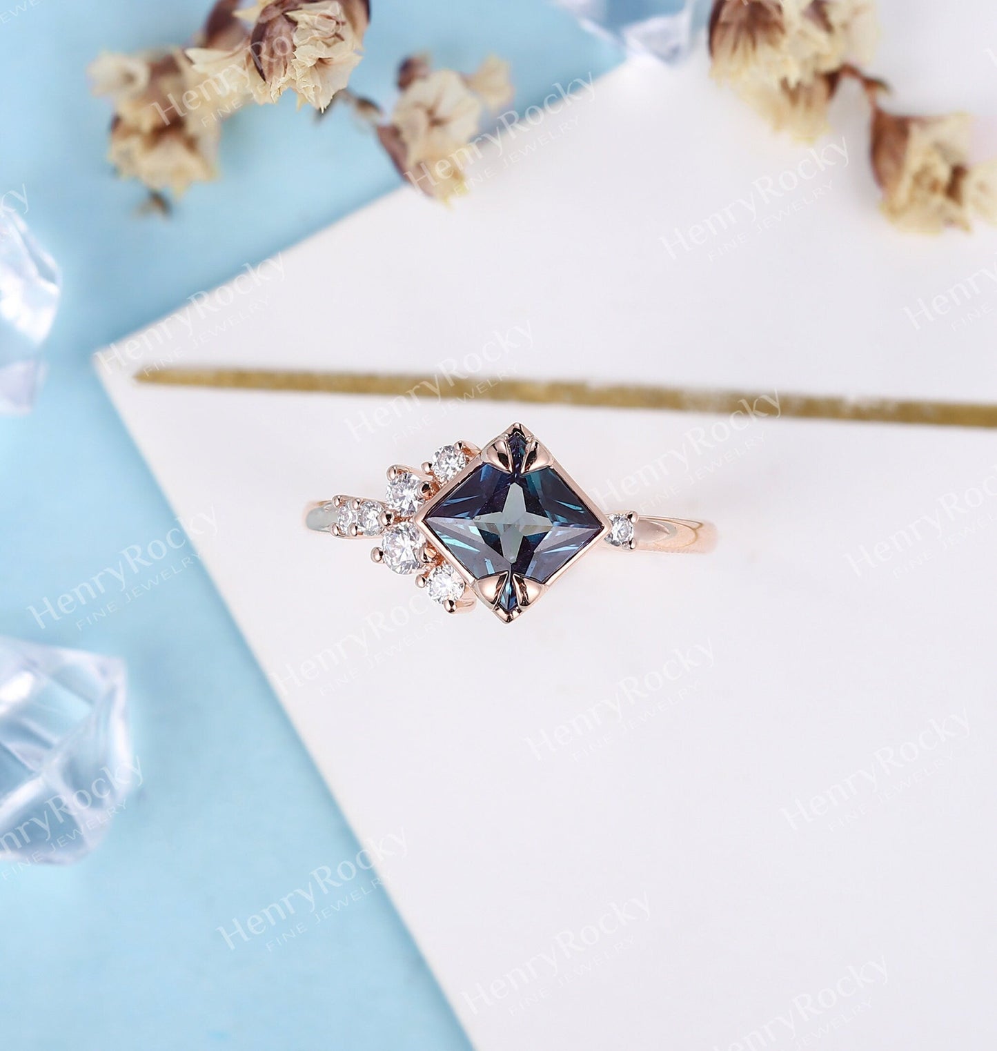 Alexandrite Engagement Ring Rose Gold Ring | Vintage Princess cut Wedding Ring | Art deco Moissanite Bridal Ring | Anniversary Promise Ring