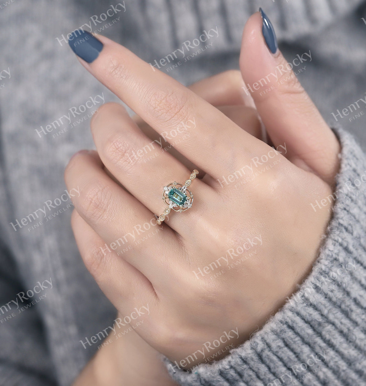 Emerald Engagement Ring Yellow Gold Ring | Vintage Emerald Cut Wedding Ring | Art deco Milgrain Moissanite Bridal Ring | Unique Promise ring