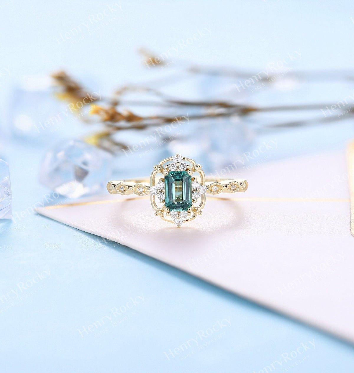 Emerald Engagement Ring Yellow Gold Ring | Vintage Emerald Cut Wedding Ring | Art deco Milgrain Moissanite Bridal Ring | Unique Promise ring