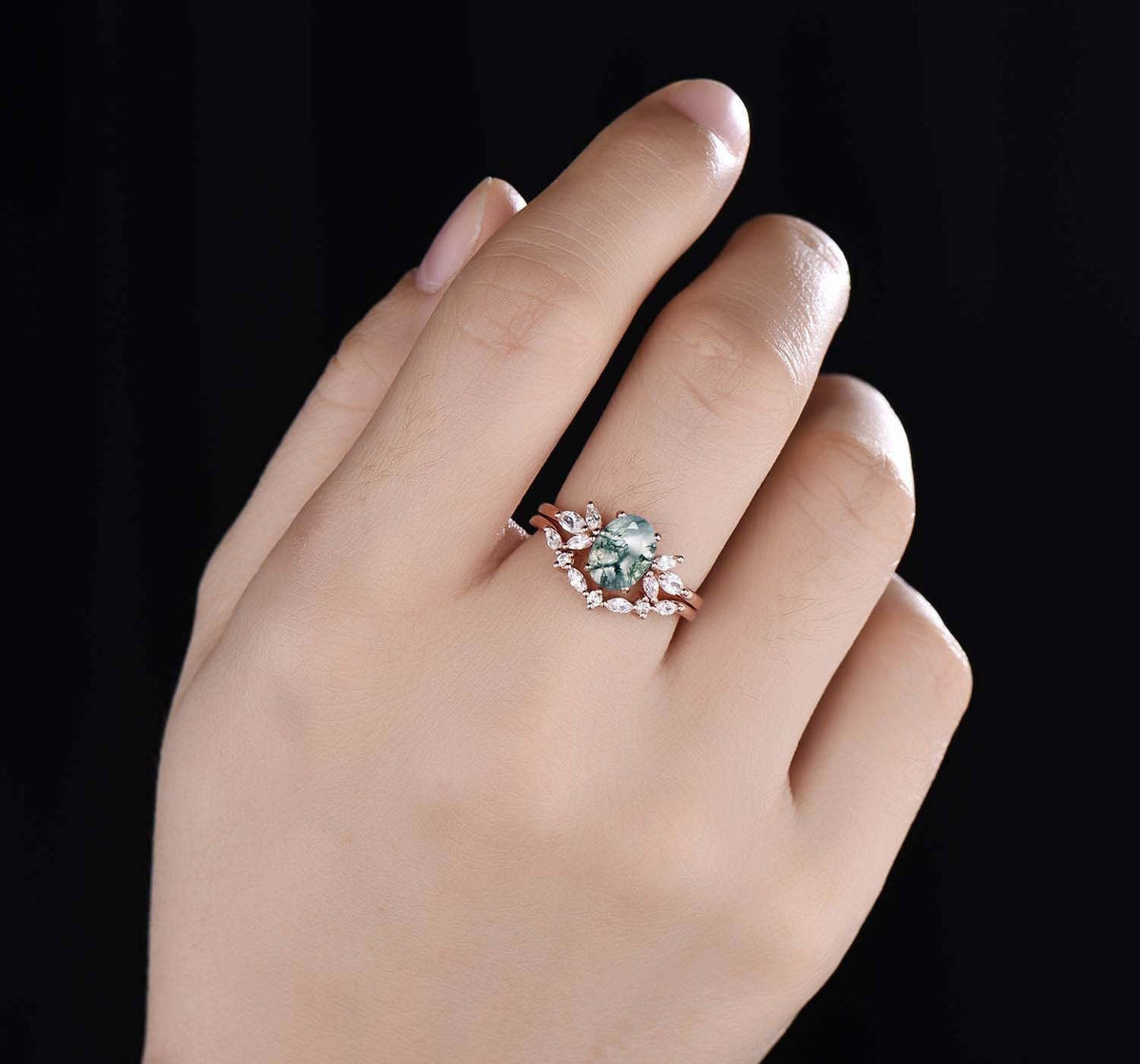 Moss Agate Engagement Ring Set Women Stacking Matching Band Diamond/Moissanite Eternity Ring Unique Vintage Floral Design Promise Gift