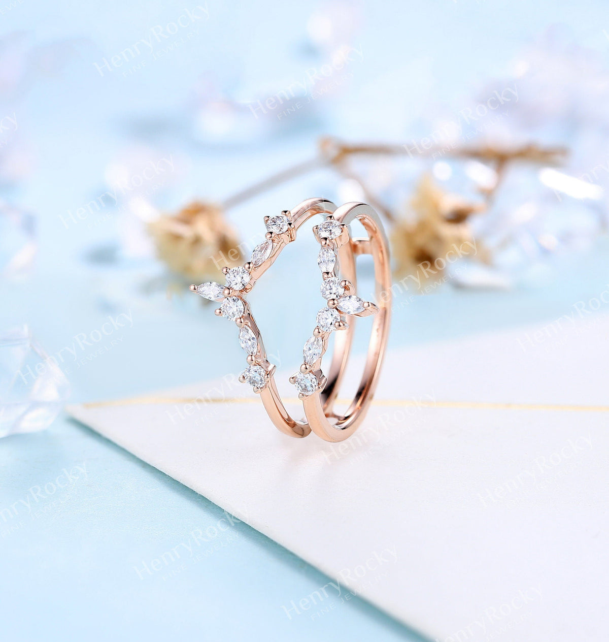 Art deco Moissanite Enhancer wedding band | Vintage Rose gold Diamond band | Unique Marquise cut wedding ring | Promise anniversary band