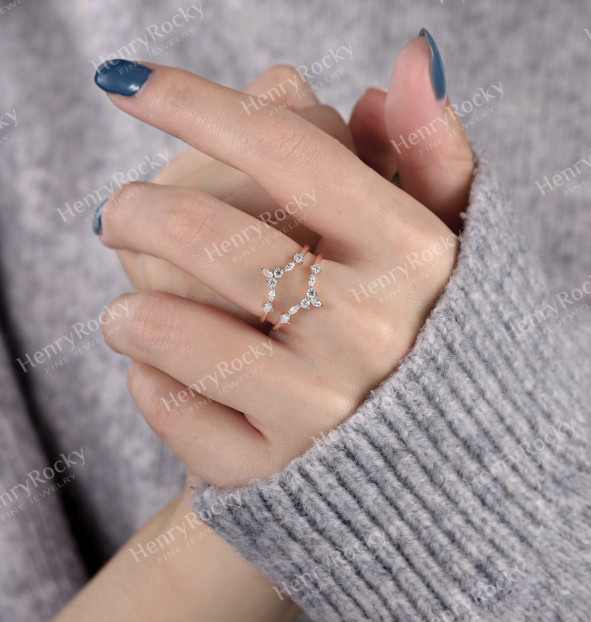 Art deco Moissanite Enhancer wedding band | Vintage Rose gold Diamond band | Unique Marquise cut wedding ring | Promise anniversary band