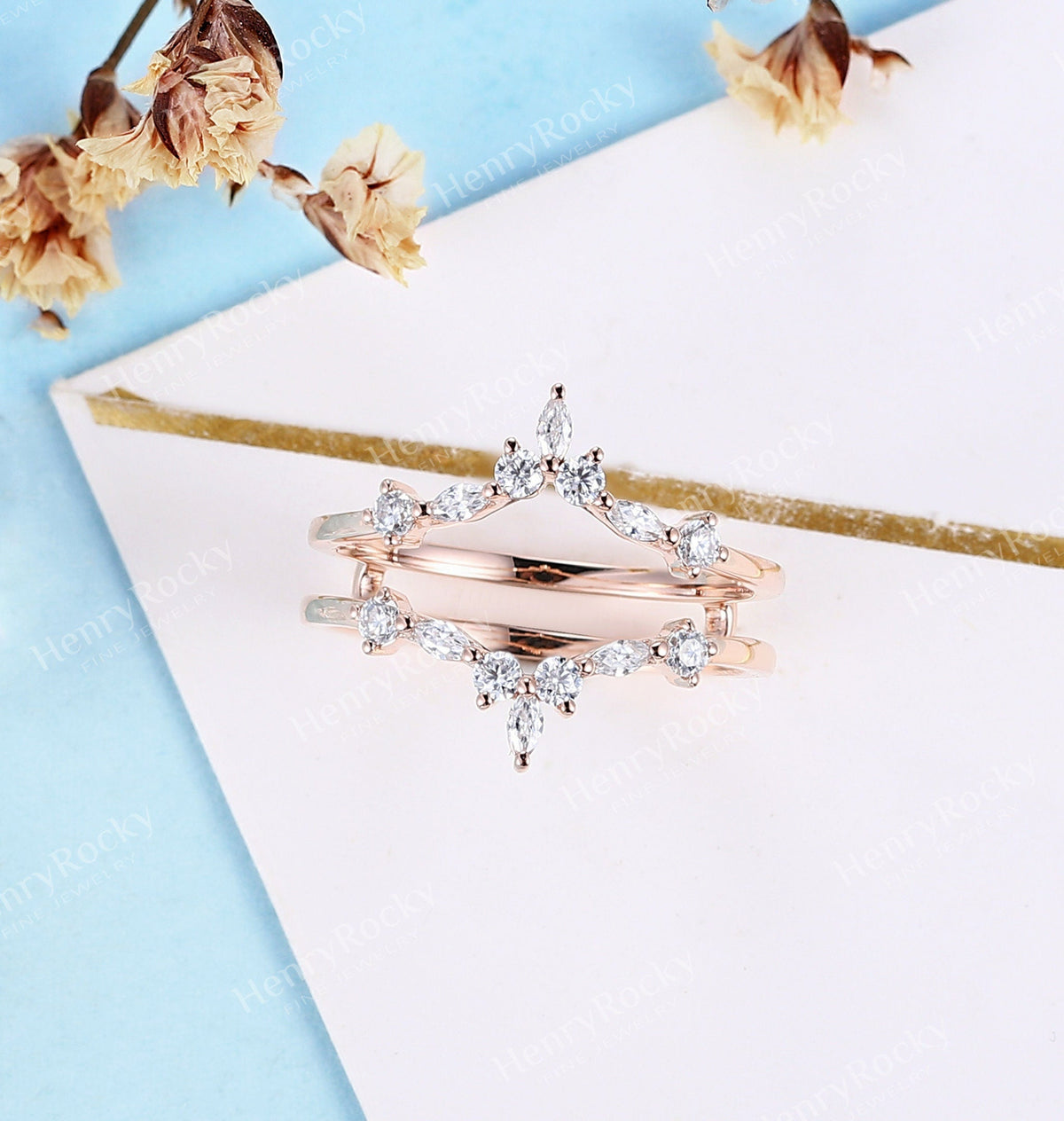 Art deco Moissanite Enhancer wedding band | Vintage Rose gold Diamond band | Unique Marquise cut wedding ring | Promise anniversary band