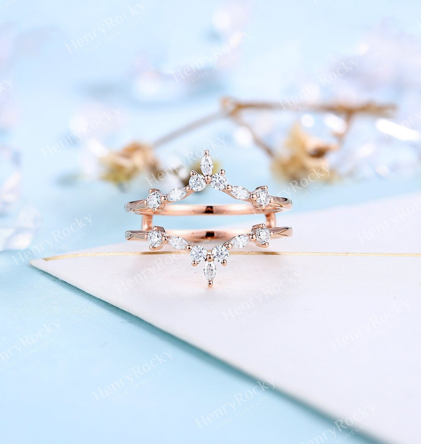 Art deco Moissanite Enhancer wedding band | Vintage Rose gold Diamond band | Unique Marquise cut wedding ring | Promise anniversary band