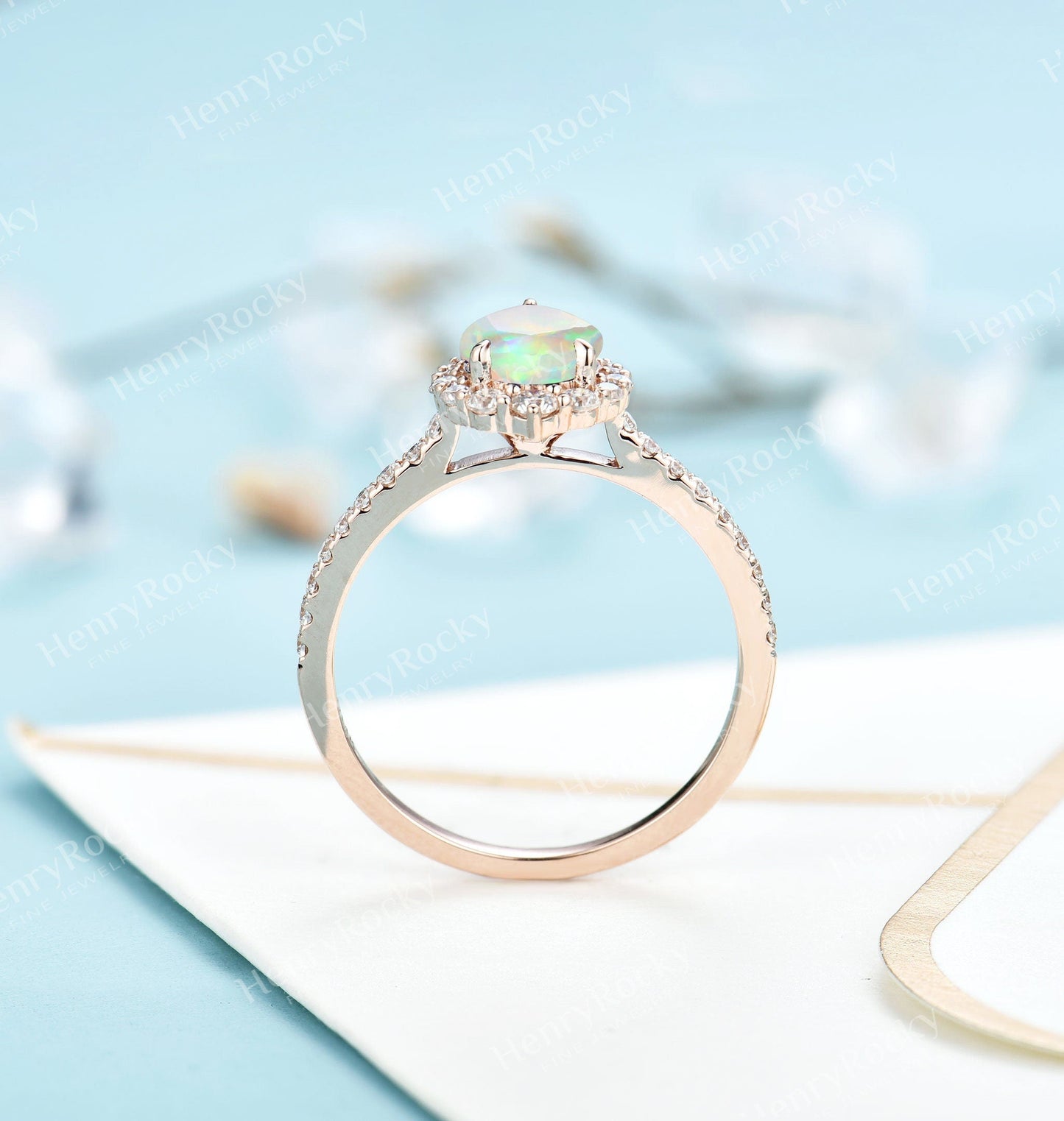 Faceted Opal Engagement Ring Rose Gold ring | Antique Pear shaped Wedding ring | Vintage moissanite ring | half eternity ring | Anniversary