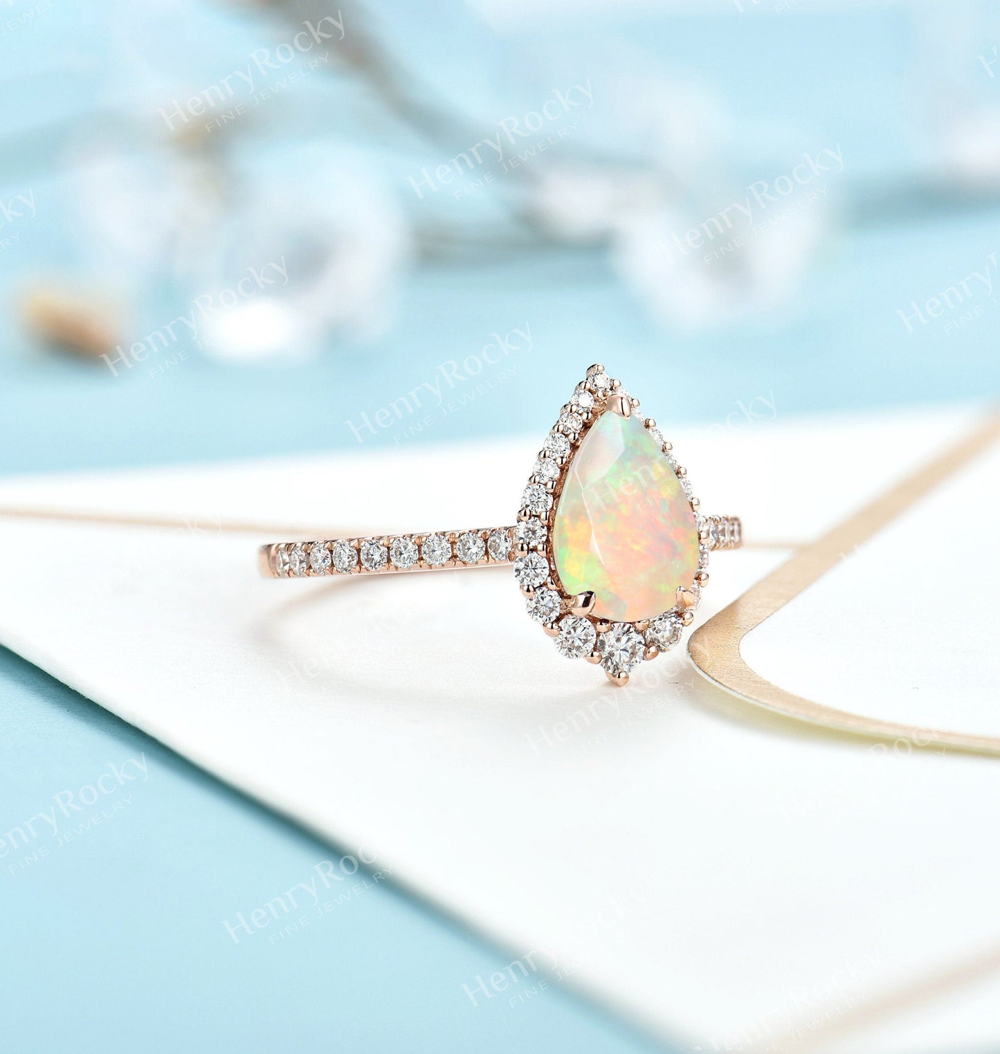 Faceted Opal Engagement Ring Rose Gold ring | Antique Pear shaped Wedding ring | Vintage moissanite ring | half eternity ring | Anniversary