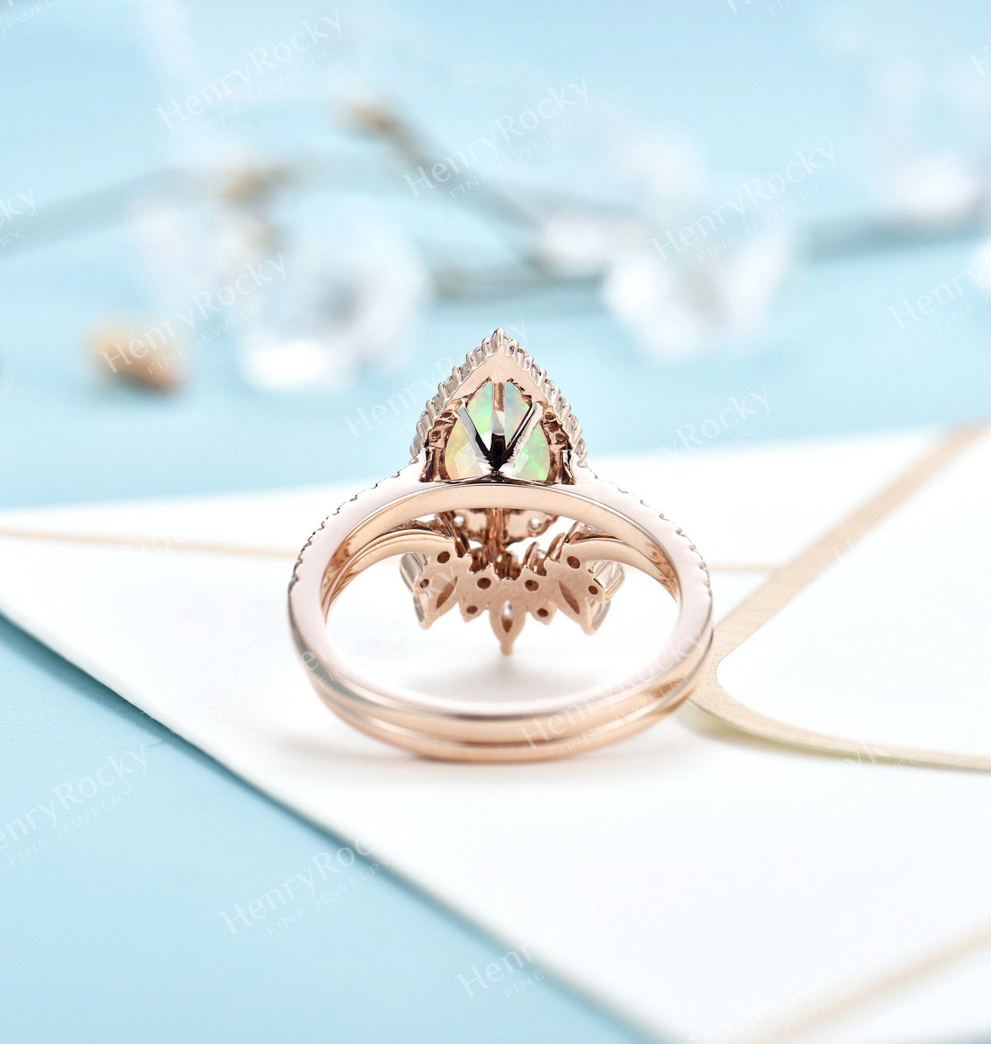 Faceted Opal Engagement ring set | Rose gold wedding ring | Vintage moissanite bridal set | Antique pear cut ring | Anniversary promise ring