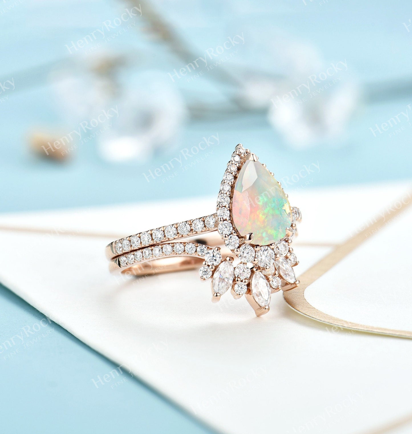 Faceted Opal Engagement ring set | Rose gold wedding ring | Vintage moissanite bridal set | Antique pear cut ring | Anniversary promise ring