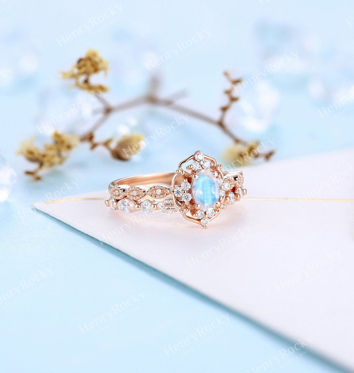Art deco Moonstone engagement ring set | Antique rose gold bridal set | Vintage diamond milgrain wedding ring set | Anniversary promise ring
