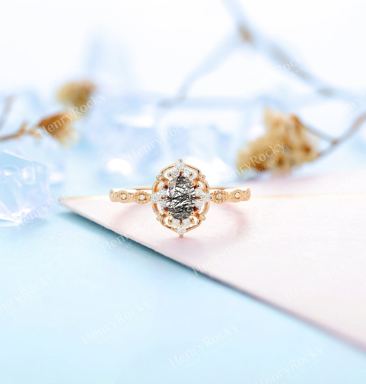 Black Rutilated Quartz Engagement Ring Women yellow Gold | Antique Oval cut Bridal Jewelry | Art deco Halo Ring Milgrain | Anniversary ring