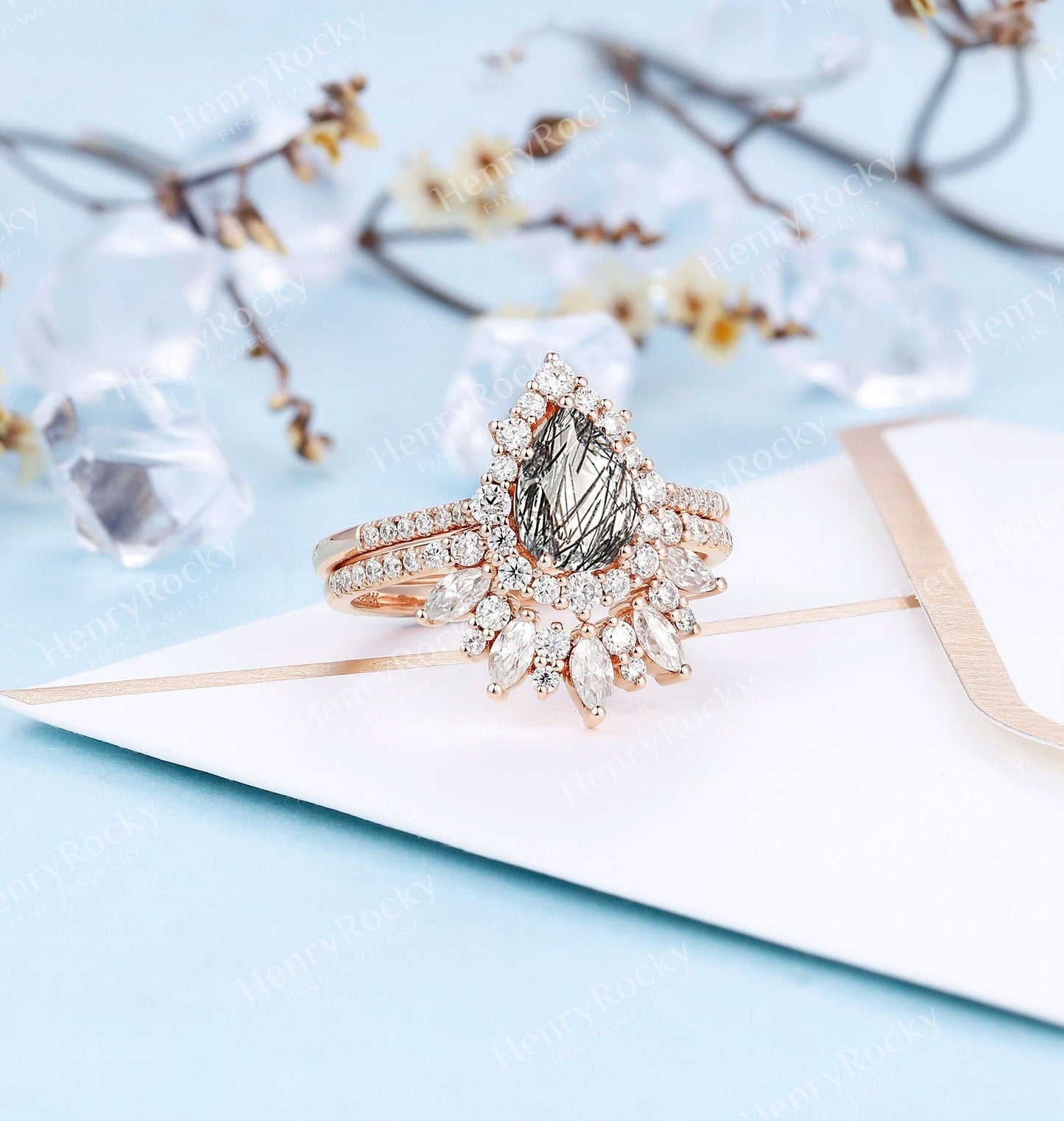 Black Rutilated Quartz Engagement Ring Set | Rose gold wedding band women | Antique halo moissanite ring | Pear cut bridal set | Anniversary