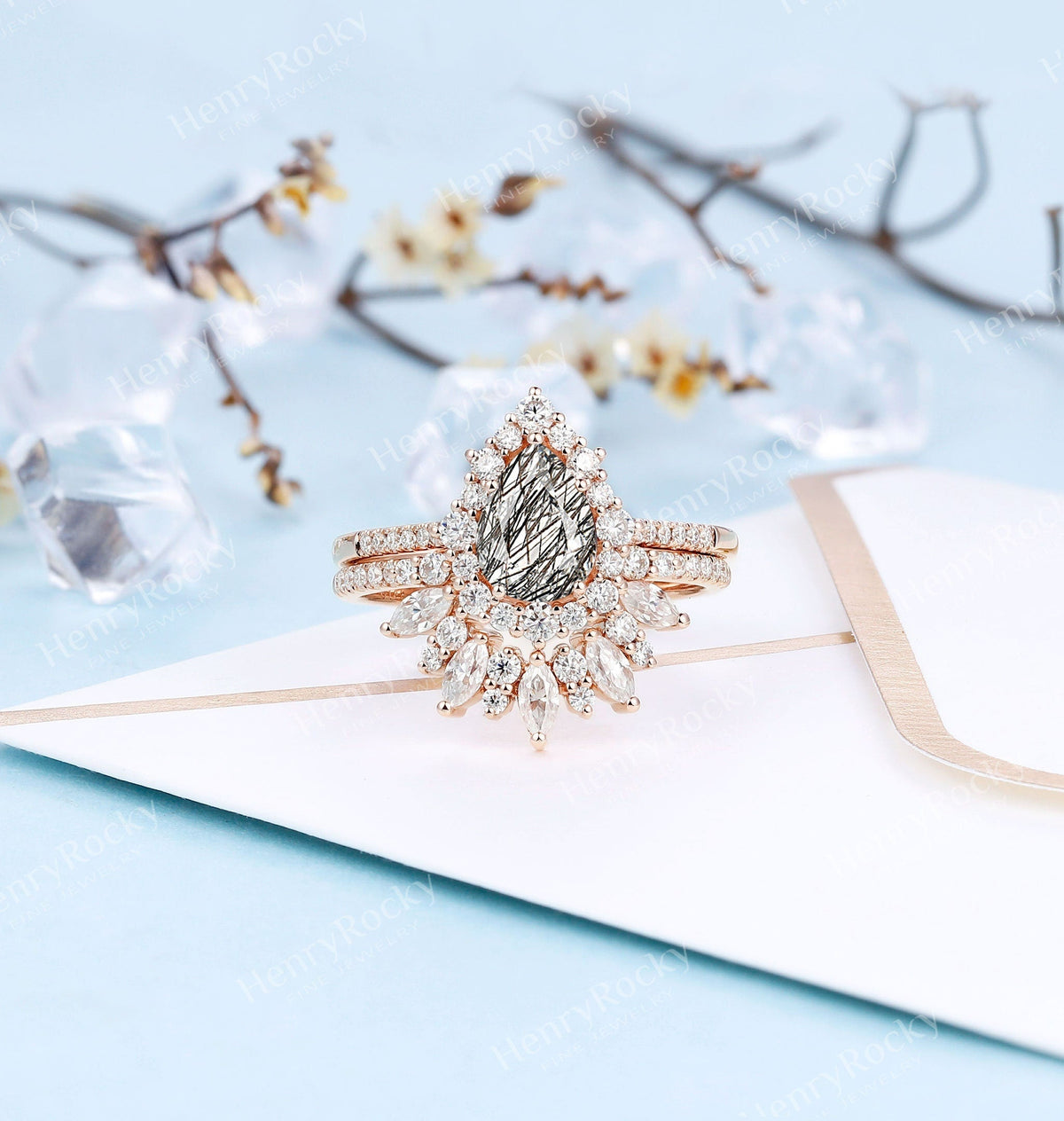 Black Rutilated Quartz Engagement Ring Set | Rose gold wedding band women | Antique halo moissanite ring | Pear cut bridal set | Anniversary